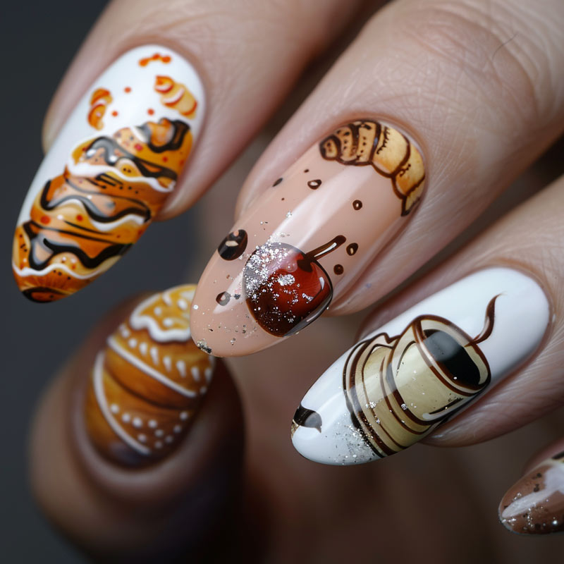 Nail art Coffe, bakery, croissants