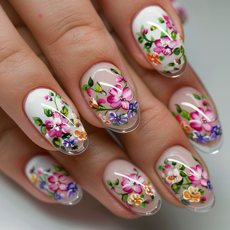 Nail art - lush blossoms and leaves